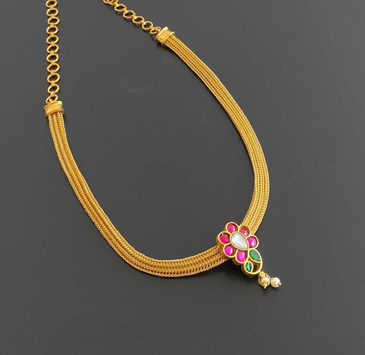 Matte finish pink-green-white kundan jadau flower choker/necklace dj-55084