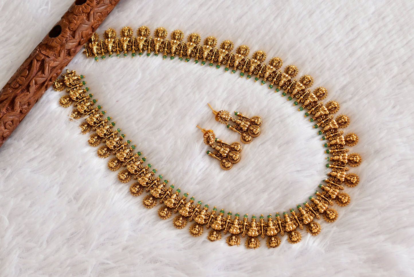 Antique gold tone green bead lakshmi haar set dj-52434