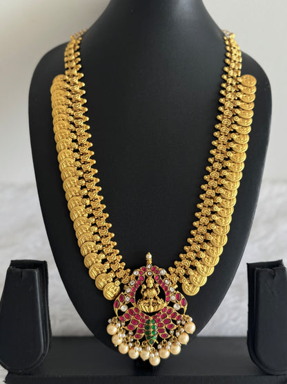 Matte gold tone kundan jadau Lakshmi coin peacock short haar dj-51558