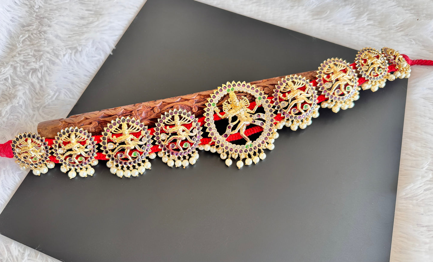 Gold tone precious kemp-green pearl Shri Natarajar waist band dj-52542