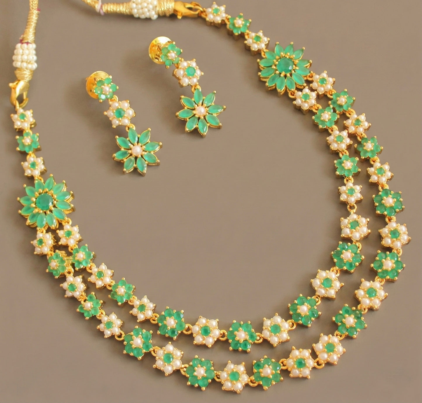Gold tone Green-white-pearl Nakshatra double layer Necklace Set DJ24450