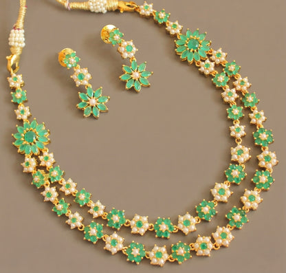 Gold tone Green-white-pearl Nakshatra double layer Necklace Set DJ24450