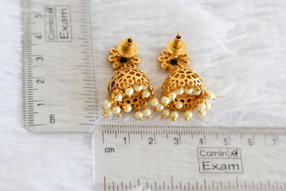 Antique gold tone ruby-green pearl flower jhumkka dj-52160