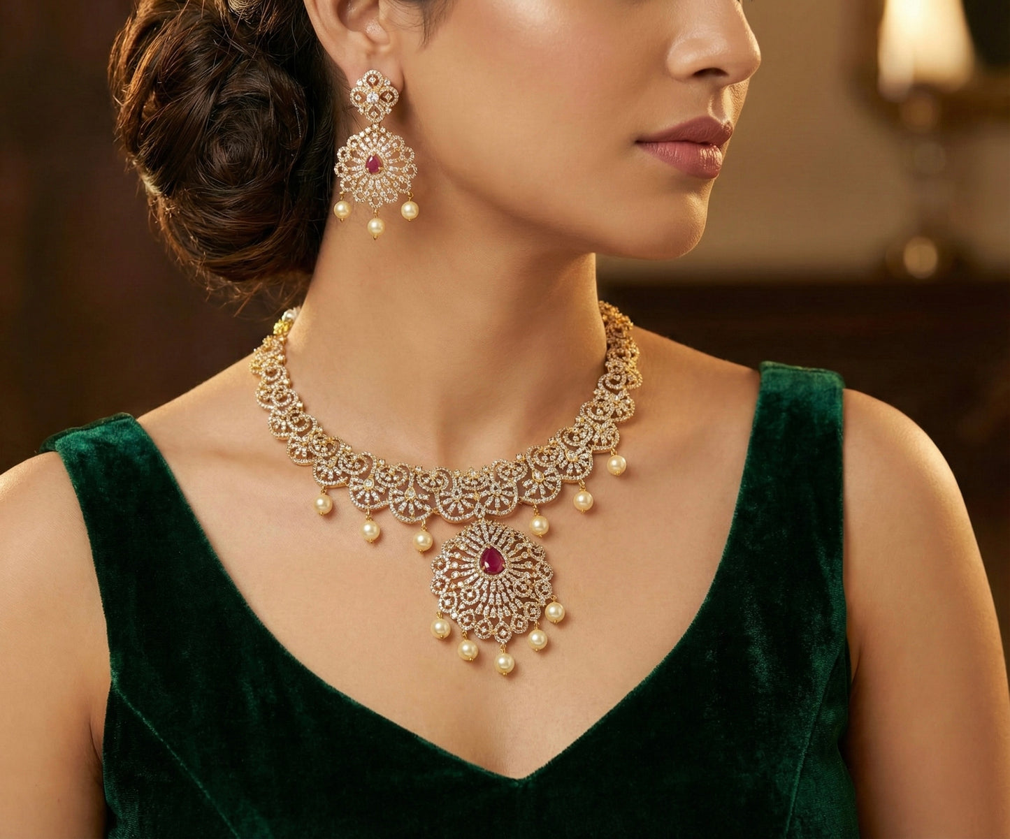 Matte finish Cz Color changeable necklace set dj-39737
