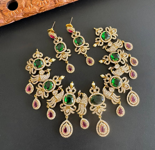 Antique gold tone cz bottle green-pink peacock necklace set dj-51201