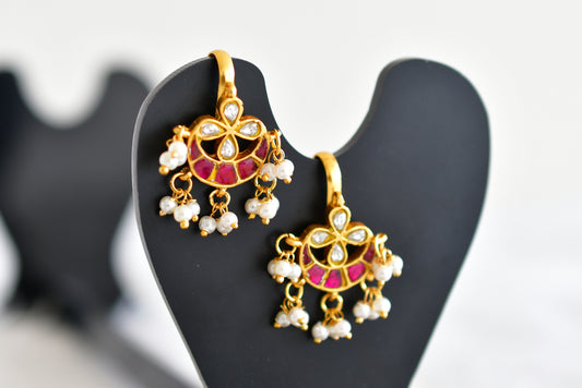 Gold tone pink-white kundan jadau bali bugadi earrings dj-52473