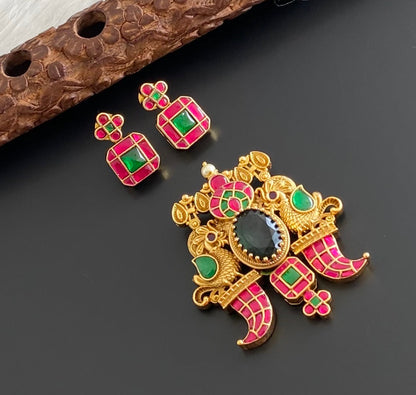Antique gold tone pink-green kundan jadau peacock pendant set dj-54171