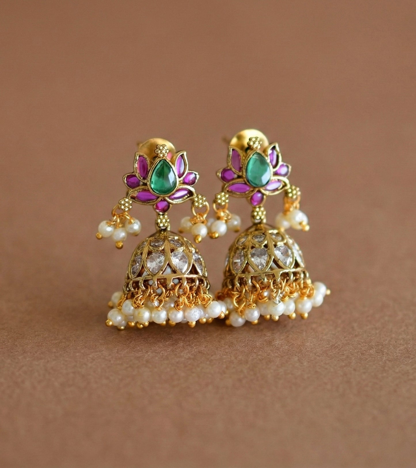 Antique gold tone cz kemp-green lotus jhumkka dj-52548