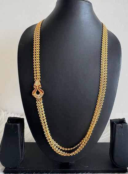Gold tone 24 inches ruby-white triple layer peacock mugappu chain dj-51268