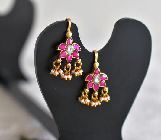 Gold tone pink-white kundan jadau bugadi earrings dj-52492