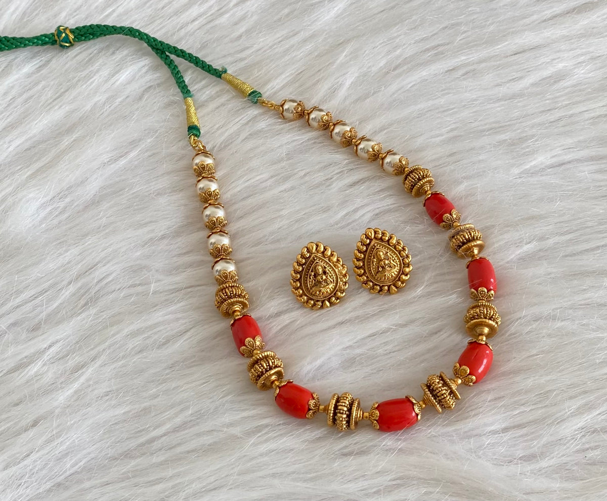 Antique gold tone coral pearl nakshi beaded necklace set dj-54946