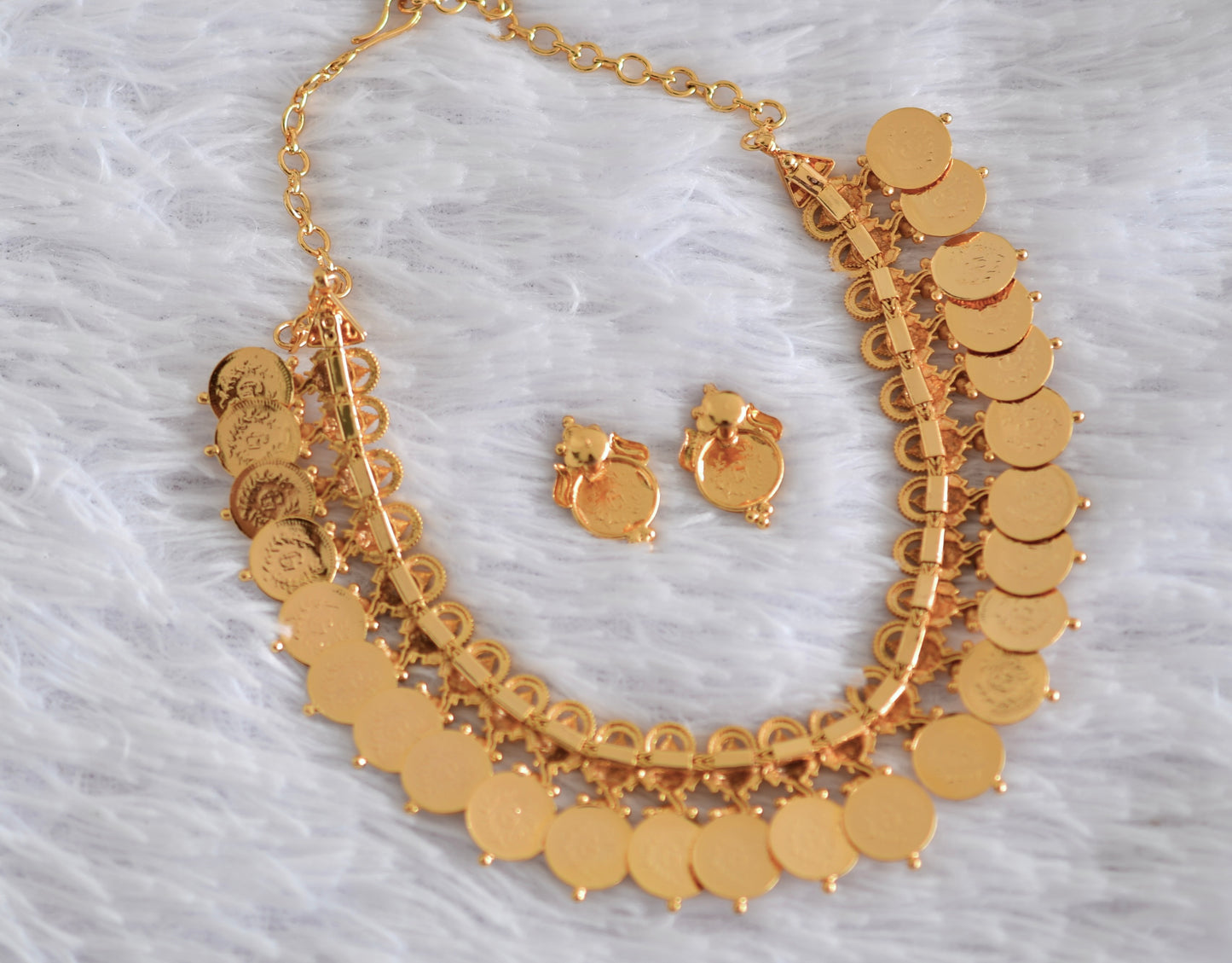 Gold tone kerala style ruby ganesha lakshmi coin necklace set dj-52689