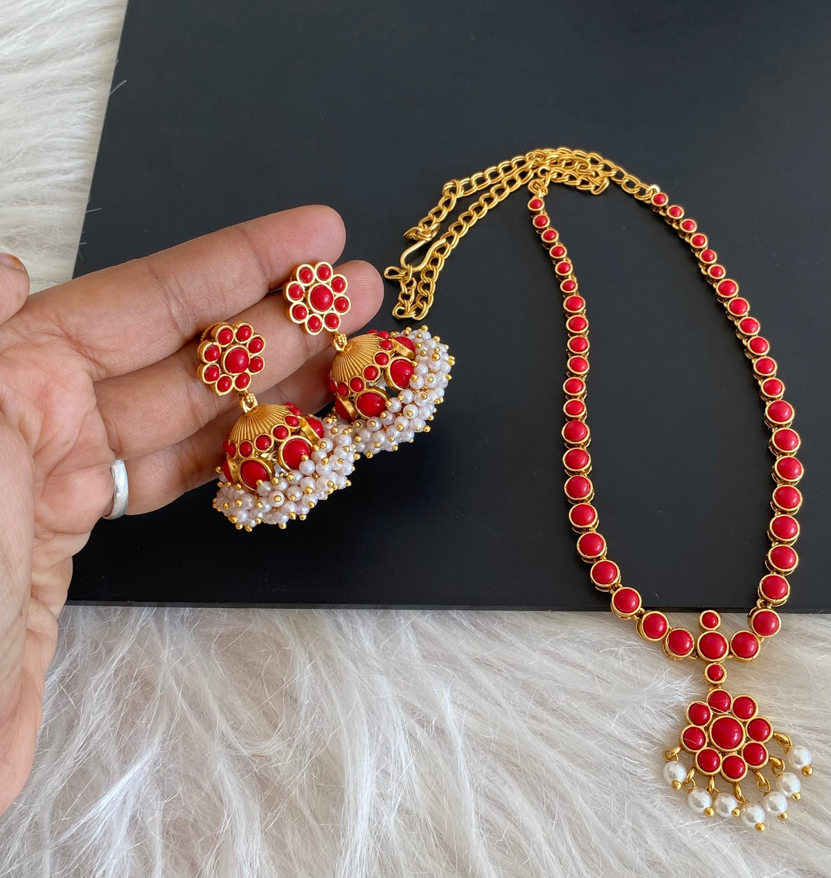 Matte finish coral pearl flower necklace set dj-55141