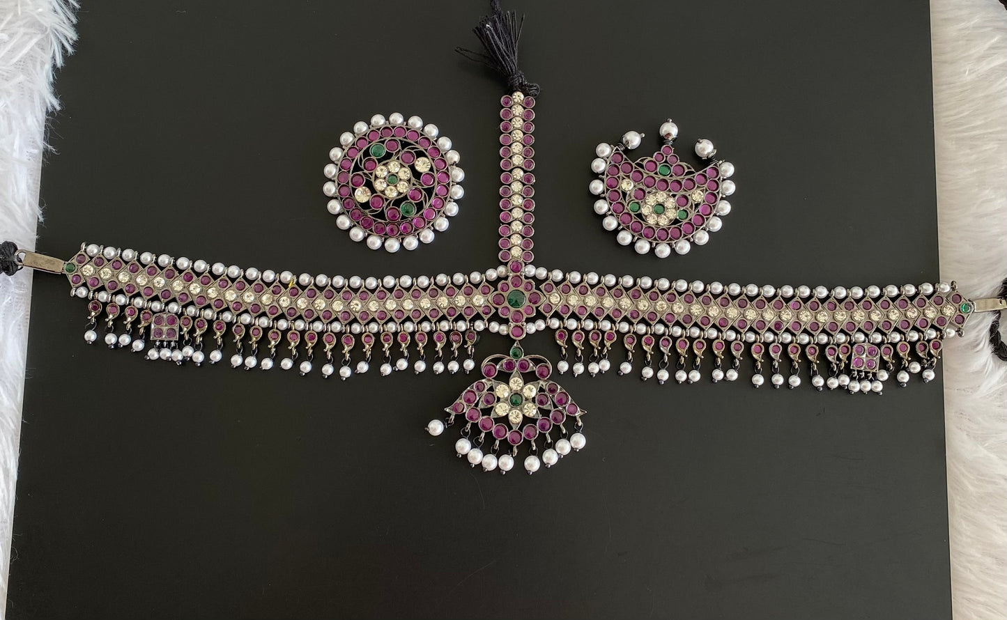 Black finish precious kemp-green-white pearl mango flower tikka dj-53401