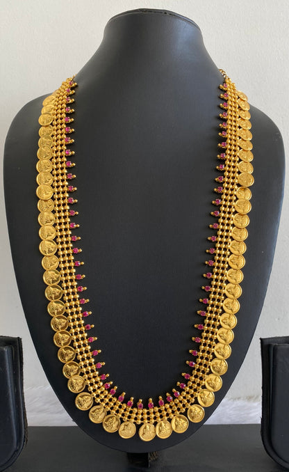 Gold tone pink stone lakshmi coin haar dj-53163