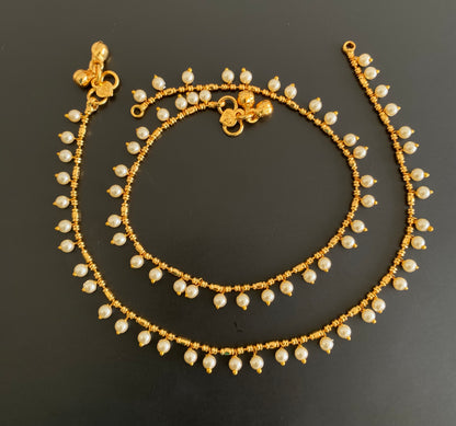 Antique gold tone pearl anklets set dj-53204