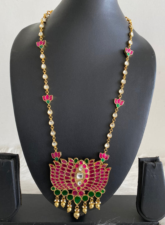 Gold tone pink-green kundan jadau lotus pendant necklace dj-54608