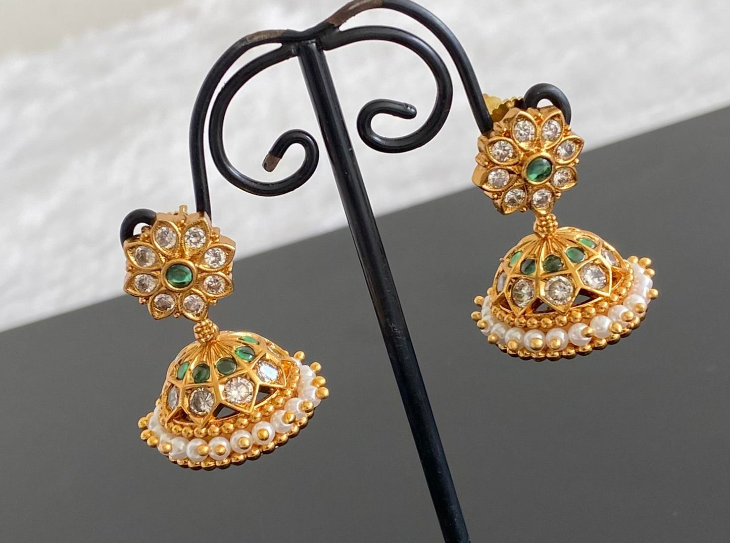 Antique gold tone white-green pearl  jhumkka dj-53569