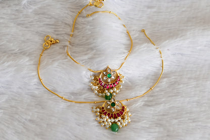 Gold tone pink-green-white flower bali kundan jadau anklets dj-52391