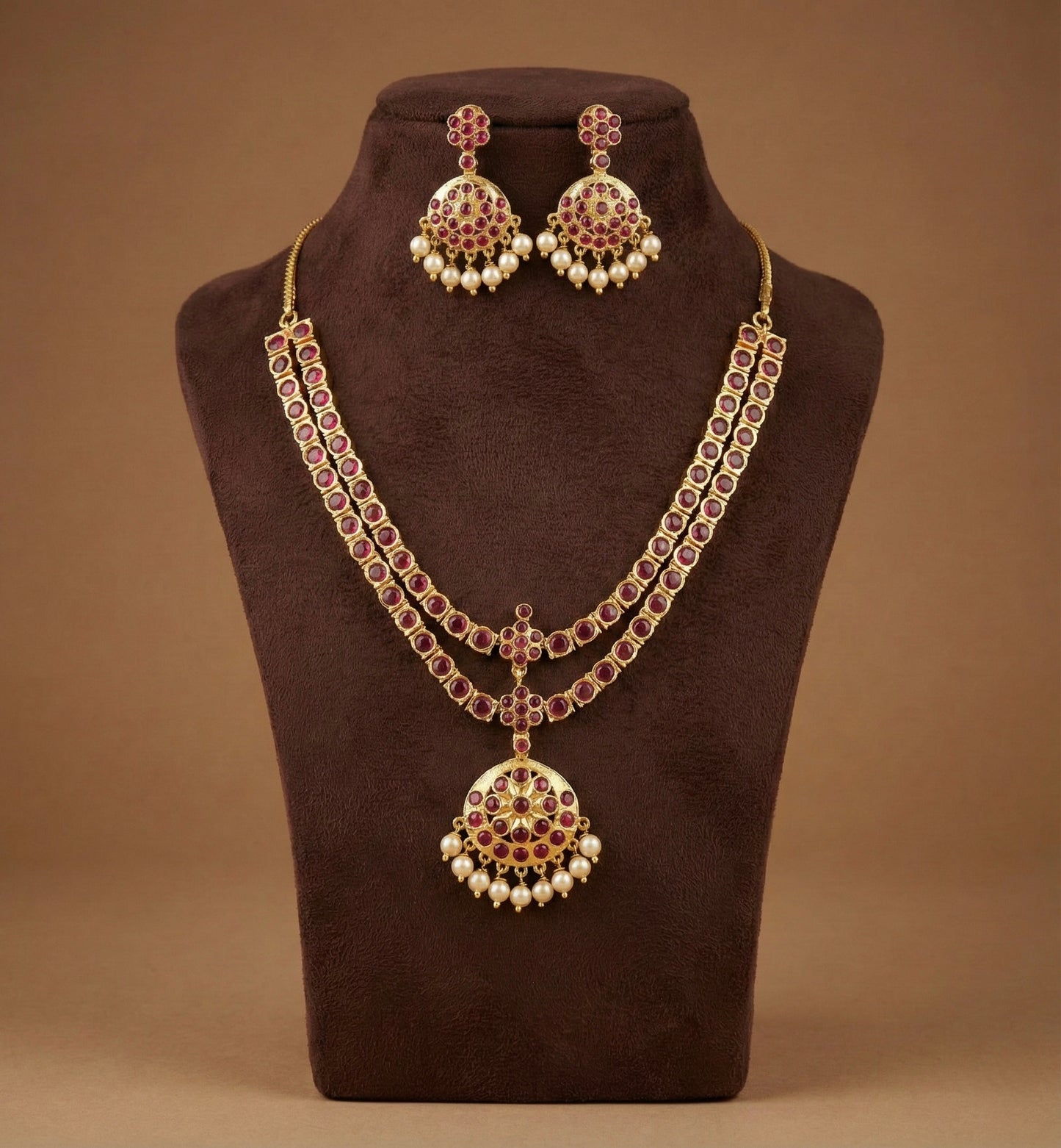 Gold tone AD pink south indian style double layer necklace set dj-51673