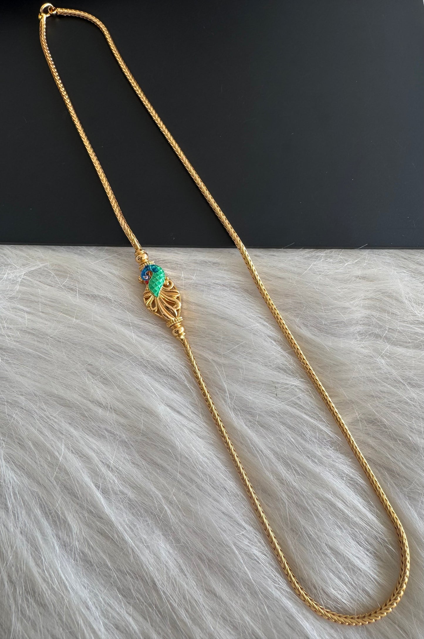 Gold tone 22 inches blue-green meenakari reversible peacock mugappu chain dj-51265
