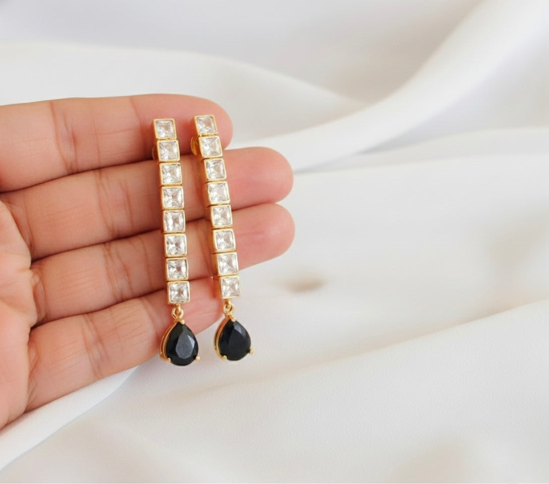 Gold tone AD square stone blue earrings-dj17159