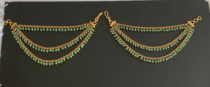 Antique gold tone green beaded multi layer ear side chian dj-54049