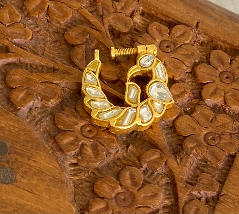 Gold tone kundan jadau white peacock nose pin dj-53713