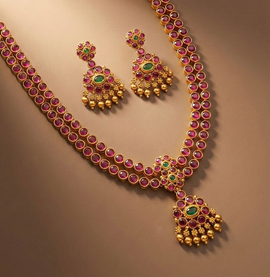 Matte finish kemp-green double layer attigai/necklace set dj-52718