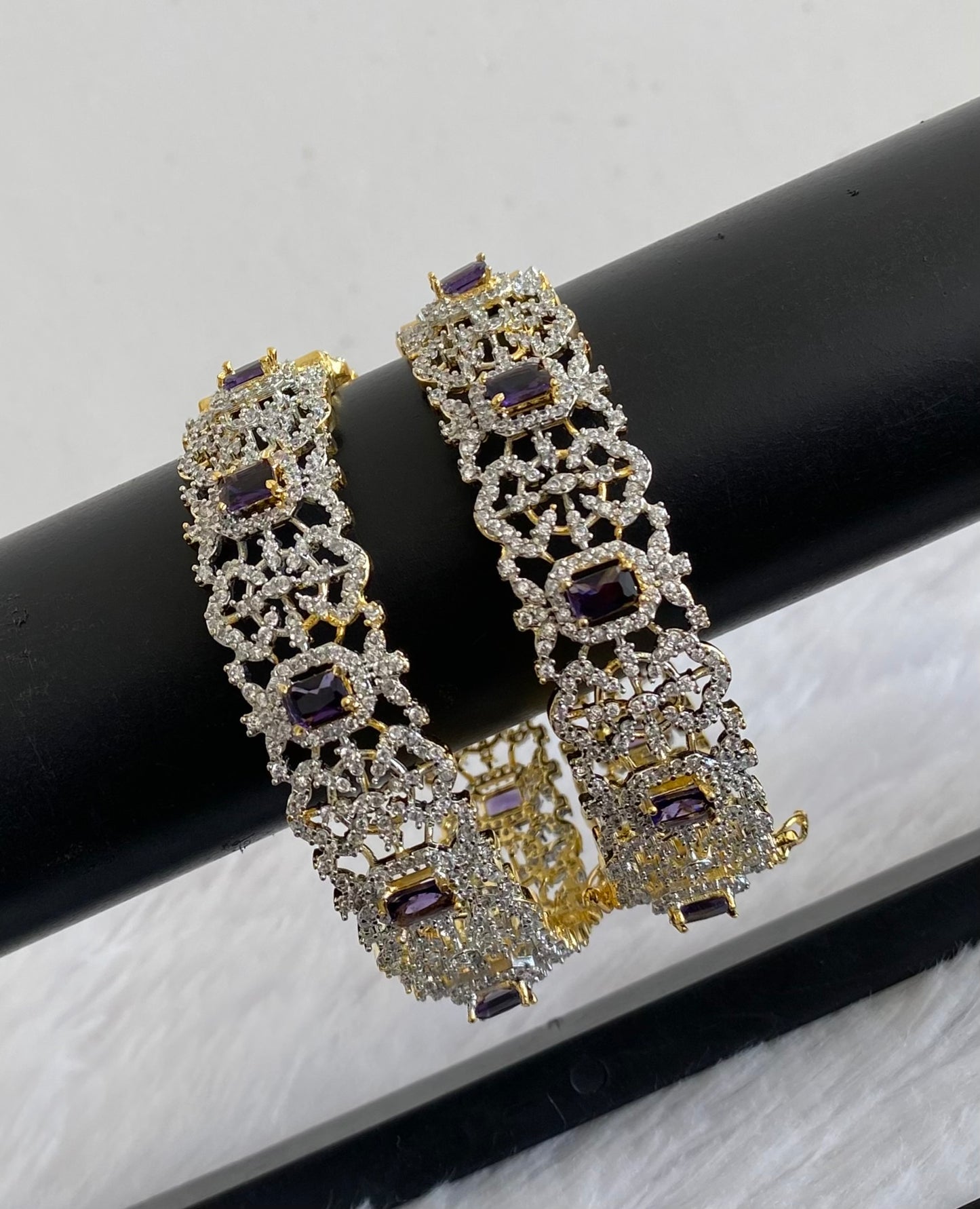 Two tone cz-purple block stone openable bangles(2.4) dj-53481