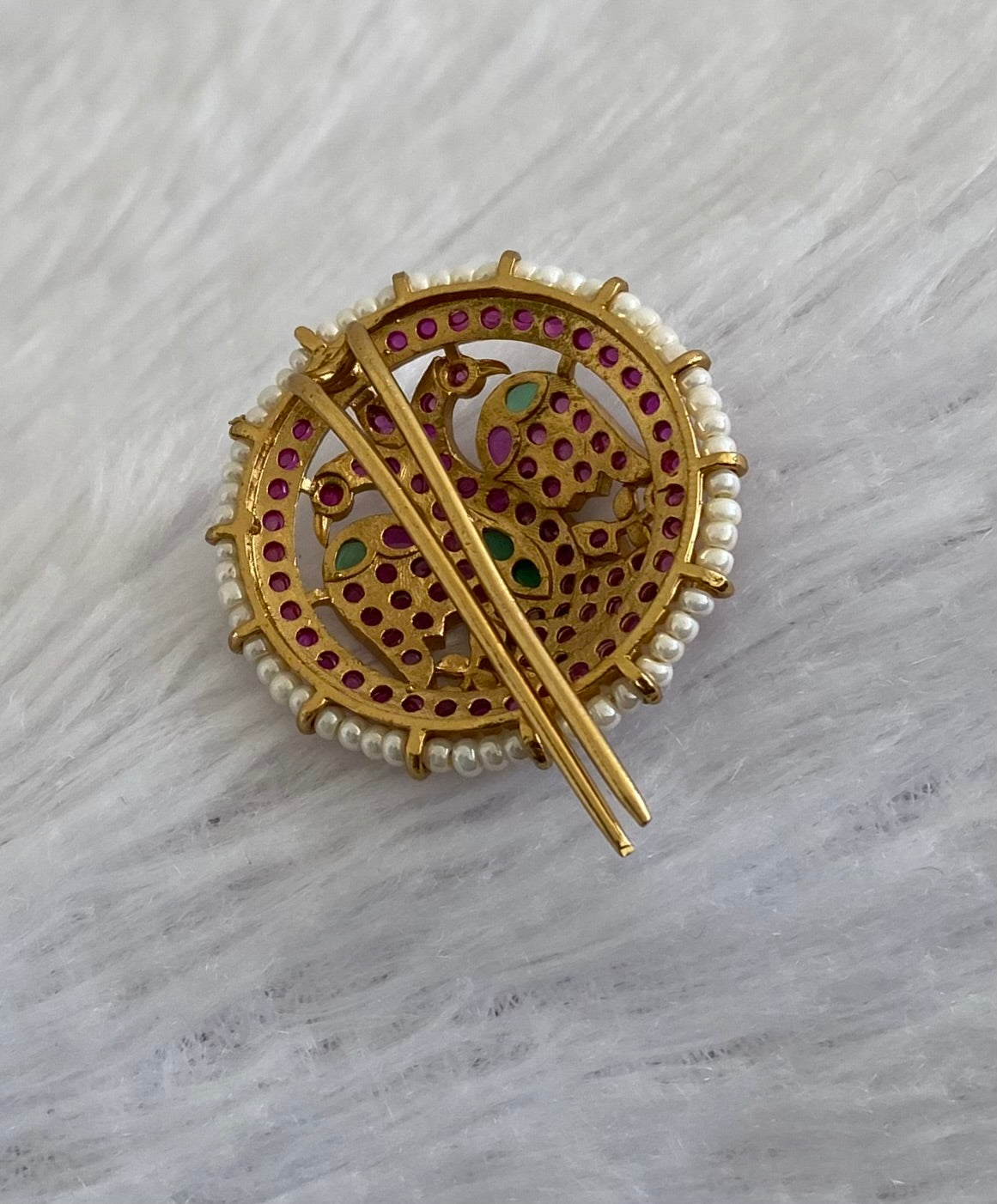 Antique gold tone pink-green pearl peacock round hair jewel (rakodi) dj-53636