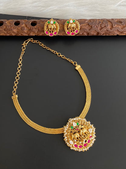 Matte finish elephant  pink-green-white kundan jadau choker necklace set dj-53855