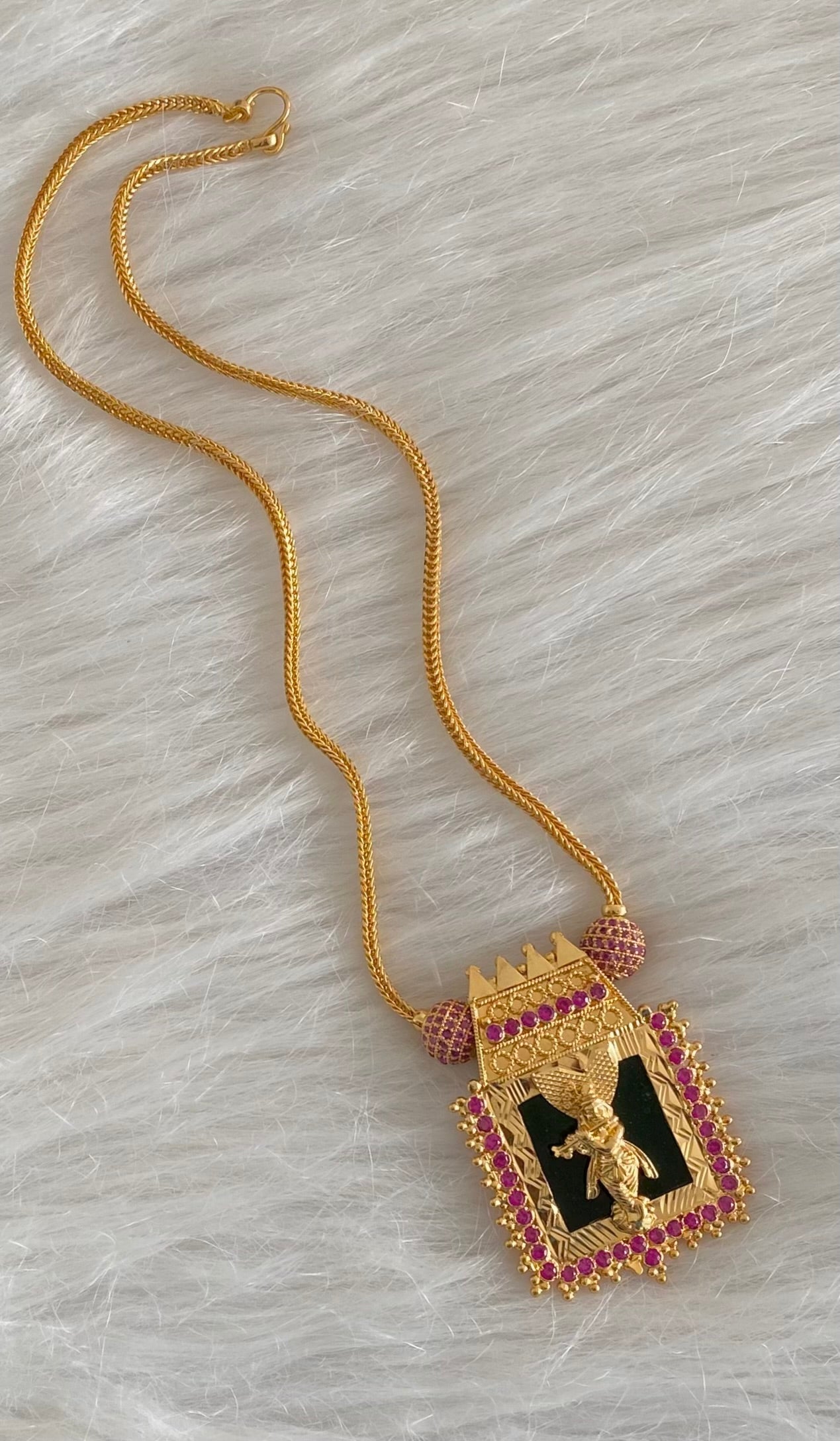 Gold tone green-pink stone krishna necklace dj-54447