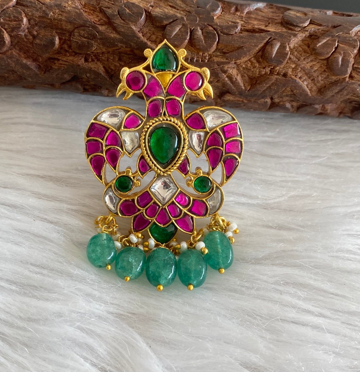 Gold tone pink-green-white kundan jadau ganda berunda small green bead pendant dj-50661