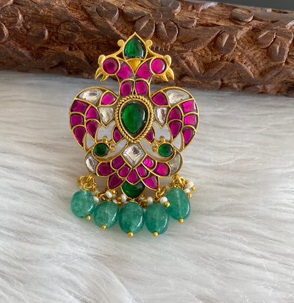 Gold tone pink-green-white kundan jadau ganda berunda small green bead pendant dj-50661