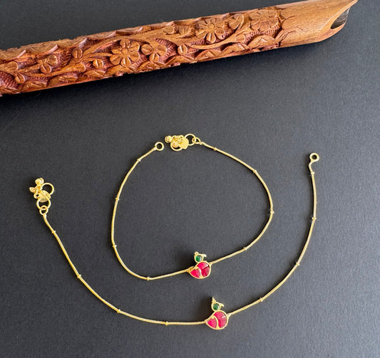 Gold tone pink-green bird kundan jadau anklets dj-51410