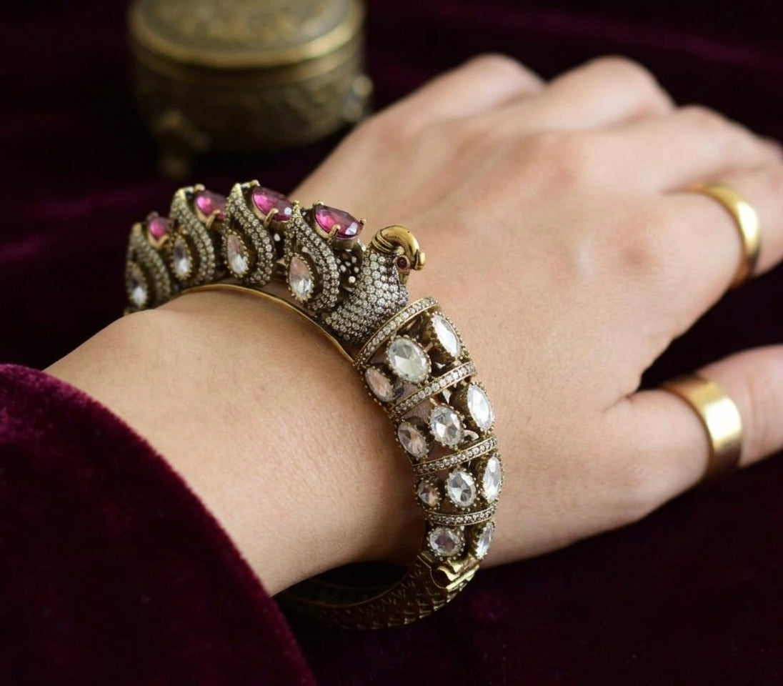 Antique gold tone magenta pink-white stone victorian moissanite peacock kada/bracelet dj-50953