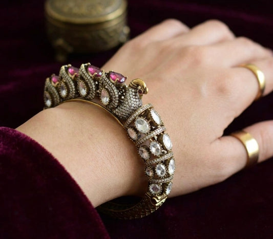 Antique gold tone magenta pink-white stone victorian moissanite peacock kada/bracelet dj-50953