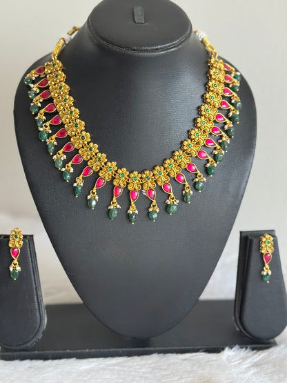 Matte finish pink-green kundan jadau beaded mango necklace set dj-51545