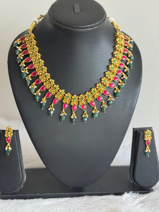 Matte finish pink-green kundan jadau beaded mango necklace set dj-51545
