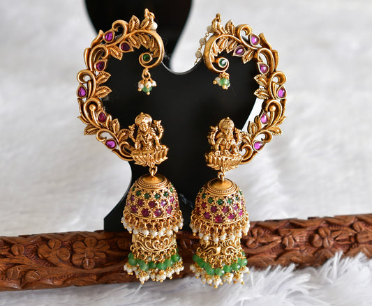 Antique gold tone kemp-green-pearl peacock khanpool step jhumkka dj-51875