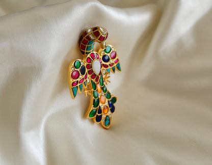 Matte finish Navarathna kundan jadau bird brooch dj-52642