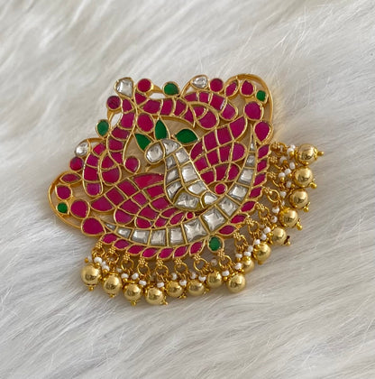 Gold tone pink-green-white kundan jadau peacock pendant dj-53845