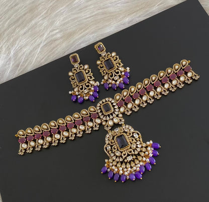 Antique gold tone ruby-white kundan purple beaded choker necklace set dj-54801