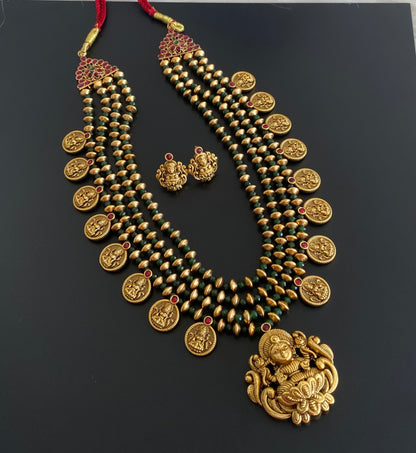 Antique gold tone green beaded layers lakshmi short haar set dj-54968