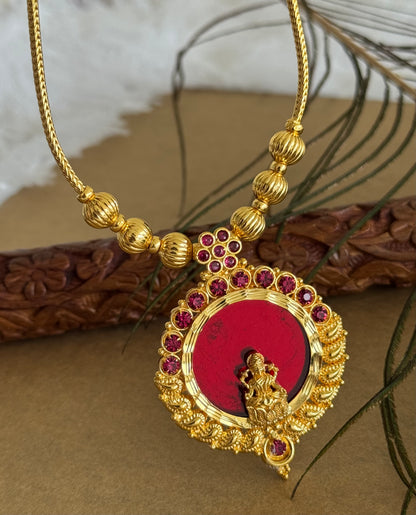 Gold tone pink-red kerala style round kodi Lakshmi necklace dj-51703