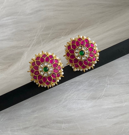 Gold tone pink-green-white kundan jadau flower round stud/earrings dj-54579