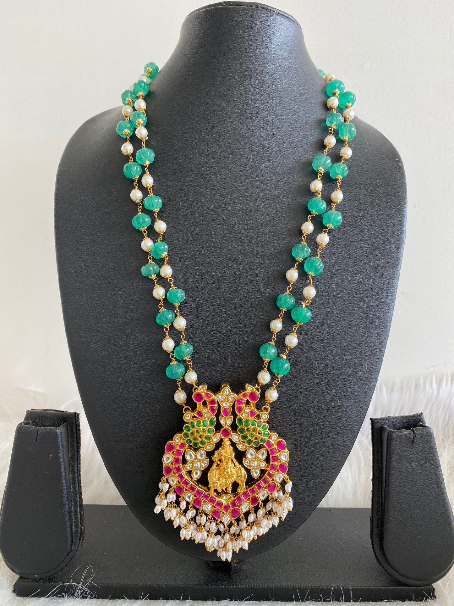Gold tone pink-green-white kundan jadau Krishna haar dj-39568