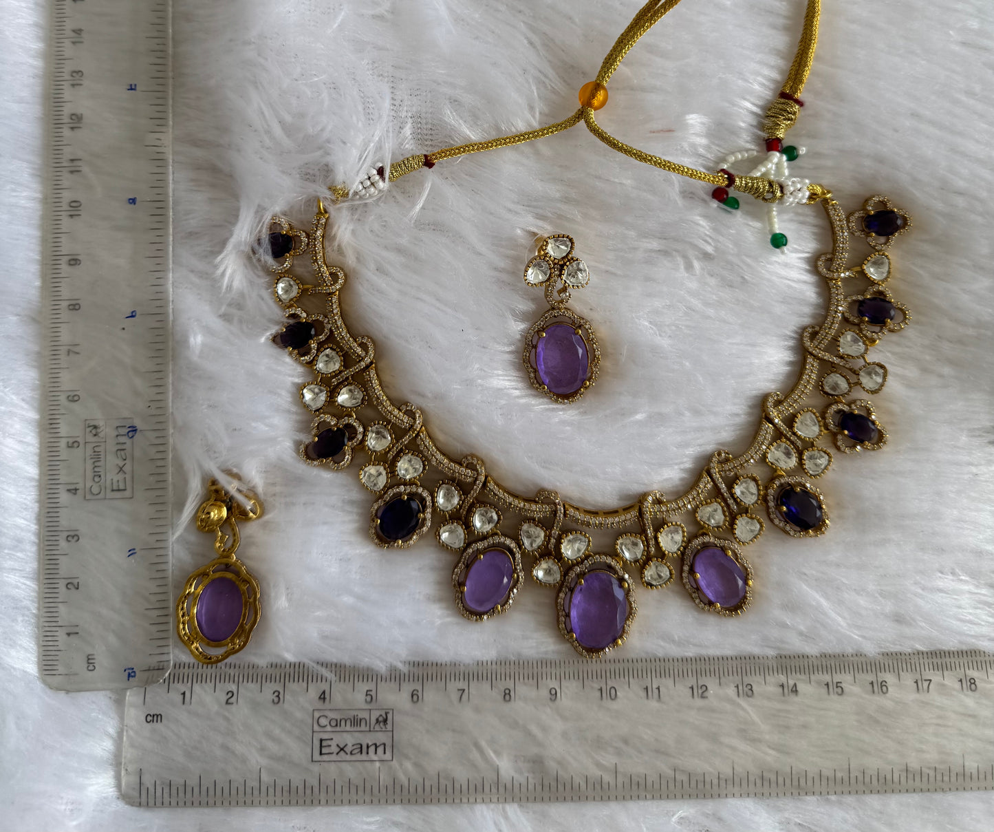 Antique gold tone cz purple moissanite necklace set dj-51067