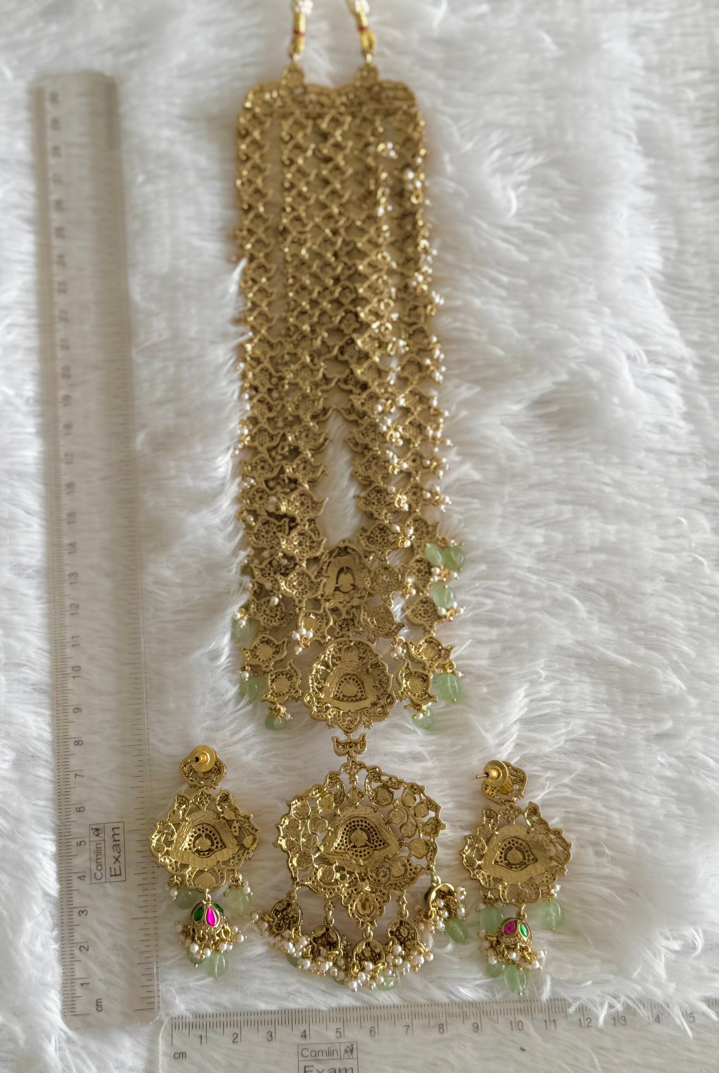 Antique gold tone cz pink-green kundan layer haar set dj-51559